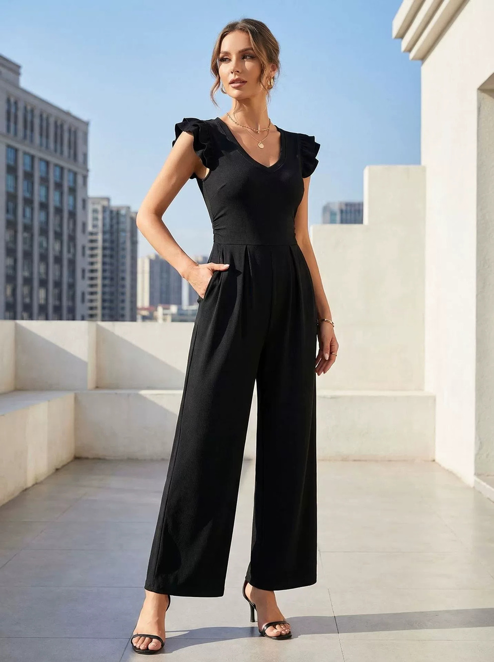 ZARA Womens Summer Collar Ruffle Sleeve High Waist Slimming Wide Leg Jumpsuit